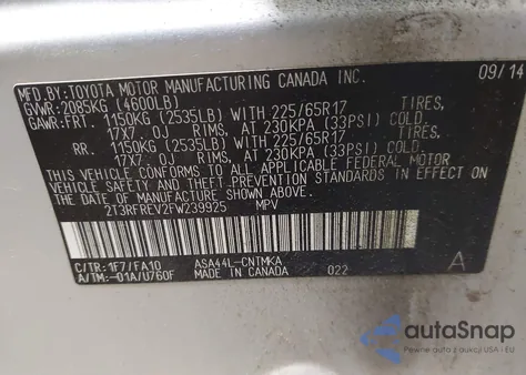 2015 Toyota Rav4 Xle z USA, uszkodzony, nr VIN 2T3RFREV2FW239925